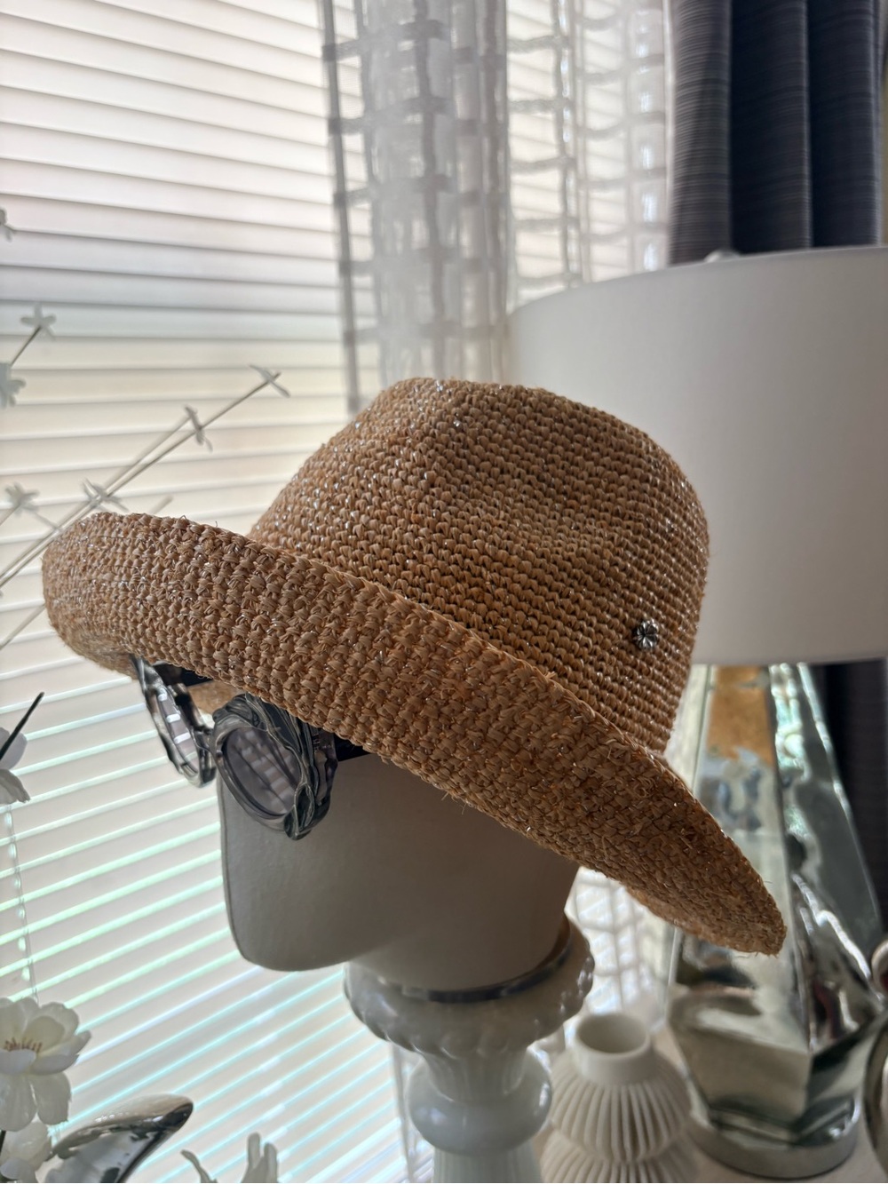 Flora Bella Raffia Straw Silver Metallic Thread Summer Sun Hat